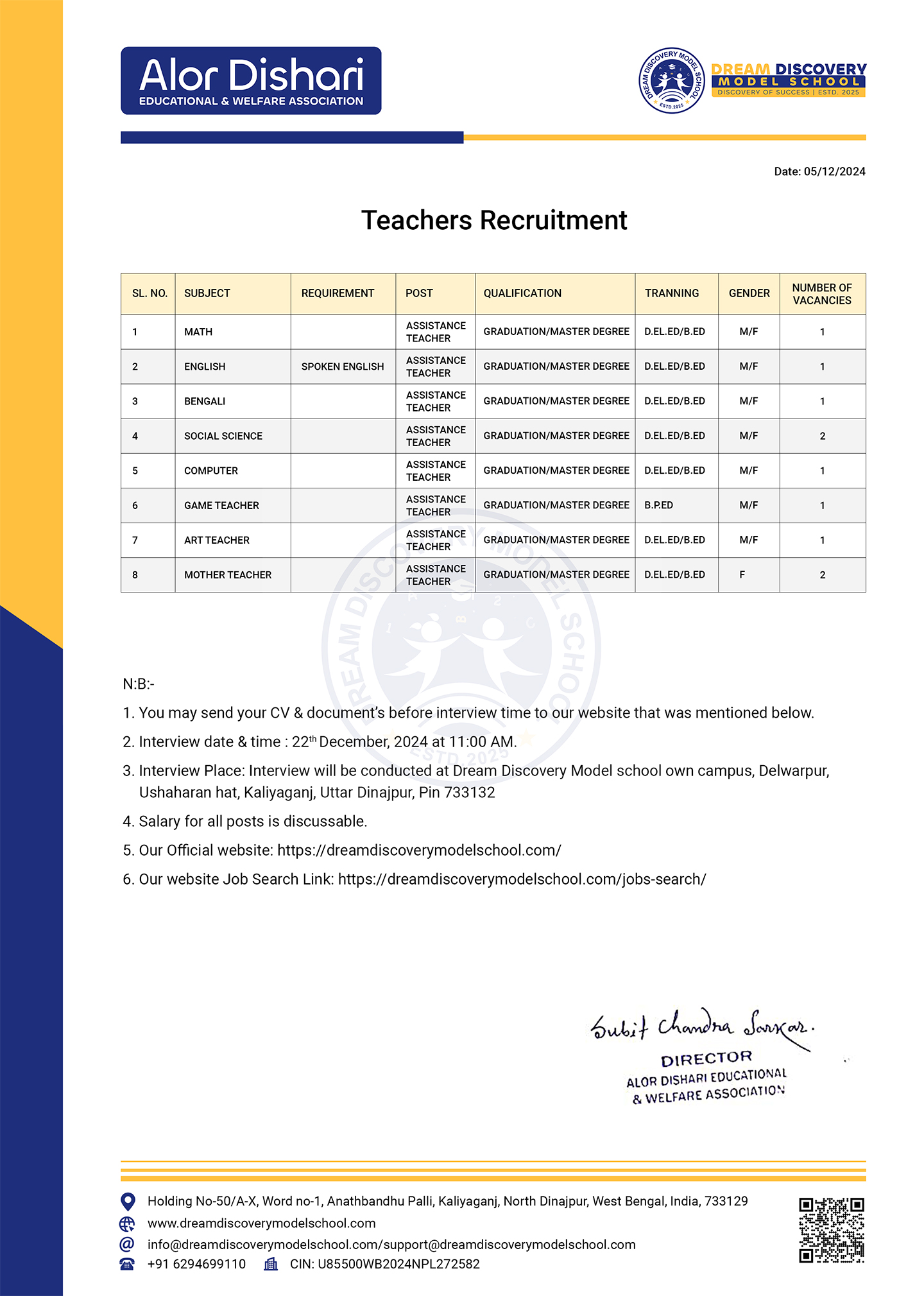 DDMS - Teacher Recruitment Notice